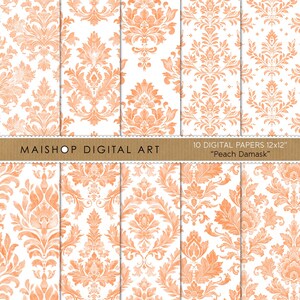 May include: Ten digital papers featuring a peach-coloured damask pattern on a white background. Each paper is 12x12 inches.