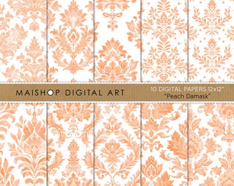 Seamless Pattern Damask Digital Scrapbook Paper, Printable Paper Designs, Scrapbooking Backgrounds • Peach Damask