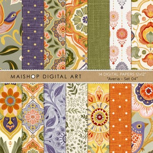 May include: A collection of 14 digital papers labeled MAISHOP DIGITAL ART Averia Set 04, each measuring 12x12 inches. The patterns feature birds, floral mandalas, polka dots, and botanical vines in orange, purple, green, and cream color palettes.