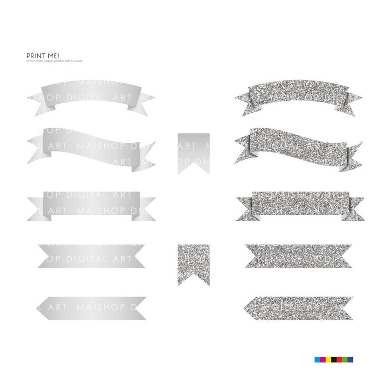 May include: A set of silver glitter banners and flags. The banners are in various shapes and sizes, and the flags are rectangular. The text "PRINT ME!" is at the top of the image.