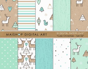 Pacote de Papel Digital Natalino Fofo, Fundos para Scrapbook com Desenhos Animados, Uso Comercial (30,5 x 30,5 cm)