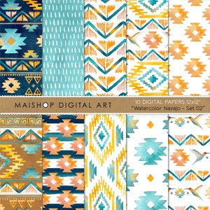 May include: Set of 10 digital papers featuring watercolour Navajo-inspired patterns in shades of blue, orange, and yellow. The patterns include geometric designs and stylised hummingbirds. The text "Watercolor Navajo - Set 02" is included in the image.