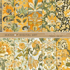 Op de afbeelding: Tien digitale papieren met bloemmotieven in geel, oranje en groen. De papieren tonen gedetailleerde patronen van bloemen en bladeren. De tekst "MAISHOP DIGITAL ART" en "10 DIGITAL PAPERS 12x12" "Gloris - Set 24" is zichtbaar.