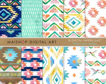 Seamless Digital Paper "Watercolor Navajo" Colorful Ethnic Tribal and Floral Patterns for Journal Stickers, Decoupage, Cards, Invitations...