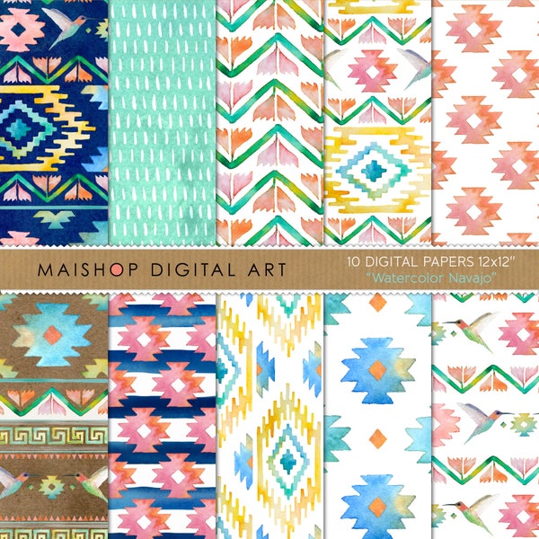 Seamless Digital Paper "Watercolor Navajo" Colorful Ethnic Tribal and Floral Patterns for Journal Stickers, Decoupage, Cards, Invitations...