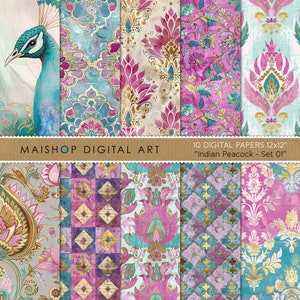 Pacote de papel digital Boho sem costura, designs para impressão, papel para scrapbook floral, download digital, uso comercial gratuito • Conjunto de pavão indiano 01