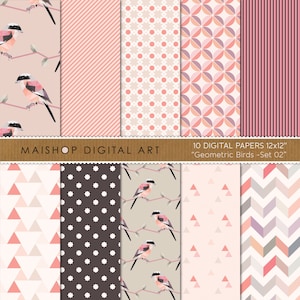 Digital Paper Pack, Scrapbook Zubehör, Digitaler Hintergrund, druckbare hochwertige Muster • Geometrische Vögel Set 02