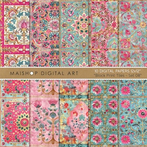 May include: A collection of ten digital papers, each 12x12 inches, featuring block print tile designs. The papers showcase intricate floral and ornamental patterns in shades of pink, teal, and gold. The text "MAISHOP DIGITAL ART" and "Block Print Tiles - Set 08" are visible.