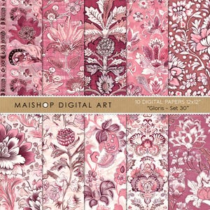 Puede incluir: Diez papeles digitales de 12x12 pulgadas, con diseños florales y paisley en tonos rosa y burdeos. Los patrones muestran motivos florales detallados y texturas, adecuados para arte digital. La imagen incluye el texto "MAISHOP DIGITAL ART" y "Gloris - Set 30".