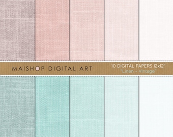 Könnte beinhalten: Zehn digitale Papiere im Format 12x12 Zoll mit Leinenstruktur. Die Papiere sind in Pastelltönen von Rosa, Blau und Weiß gehalten. Der Text auf dem Bild lautet "MAISHOP DIGITAL ART" und "10 DIGITAL PAPERS 12x12" "Linen - Vintage".