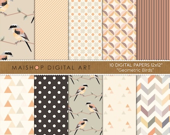 Digital Paper Pack, Scrapbook Supplies, Digital Backgrounds, Printable High Quality Patterns • Geometric Birds Set 01