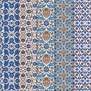 May include: Five vertical rows of blue and white patterned tiles with intricate floral designs. The tiles have a white background with blue, red, and brown floral patterns.