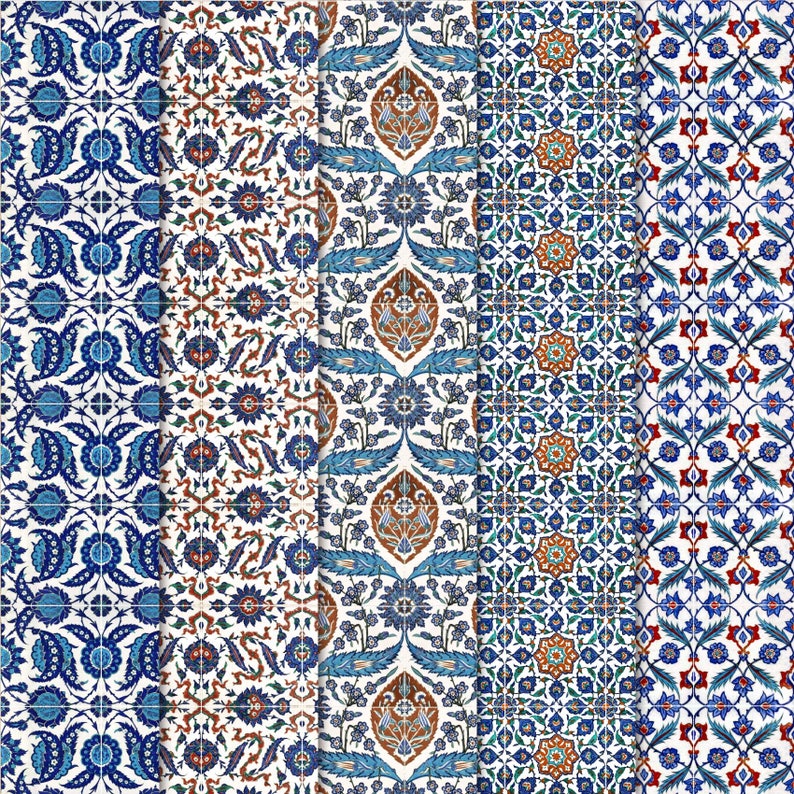 May include: Five vertical rows of blue and white patterned tiles with intricate floral designs. The tiles have a white background with blue, red, and brown floral patterns.