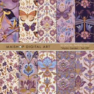 May include: A collection of ten digital papers, each 12x12 inches, featuring floral and butterfly patterns in shades of purple, gold, and blue. The designs include birds, butterflies, and damask-style motifs. The text "MAISHOP DIGITAL ART" and "Mystic Garden - Set 09" are visible.