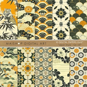 Japanese Digital Paper Pack | Digital Scrapbook Paper | Tiger Seamless Patterns | Geometric Design Backgrounds ⎢ Japan Style Set 04