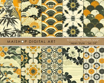 May include: Ten digital papers in a Japanese style with a variety of patterns featuring yellow, green, and white colors. The patterns include flowers, waves, and geometric designs. The papers are 12 inches by 12 inches.