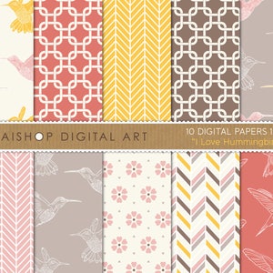 Naadloos digitaal papier 'I Love Hummingbirds' afdrukbare achtergronden van vogels, geometrisch, visgraat voor scrapbooking, decoupage, kaarten...