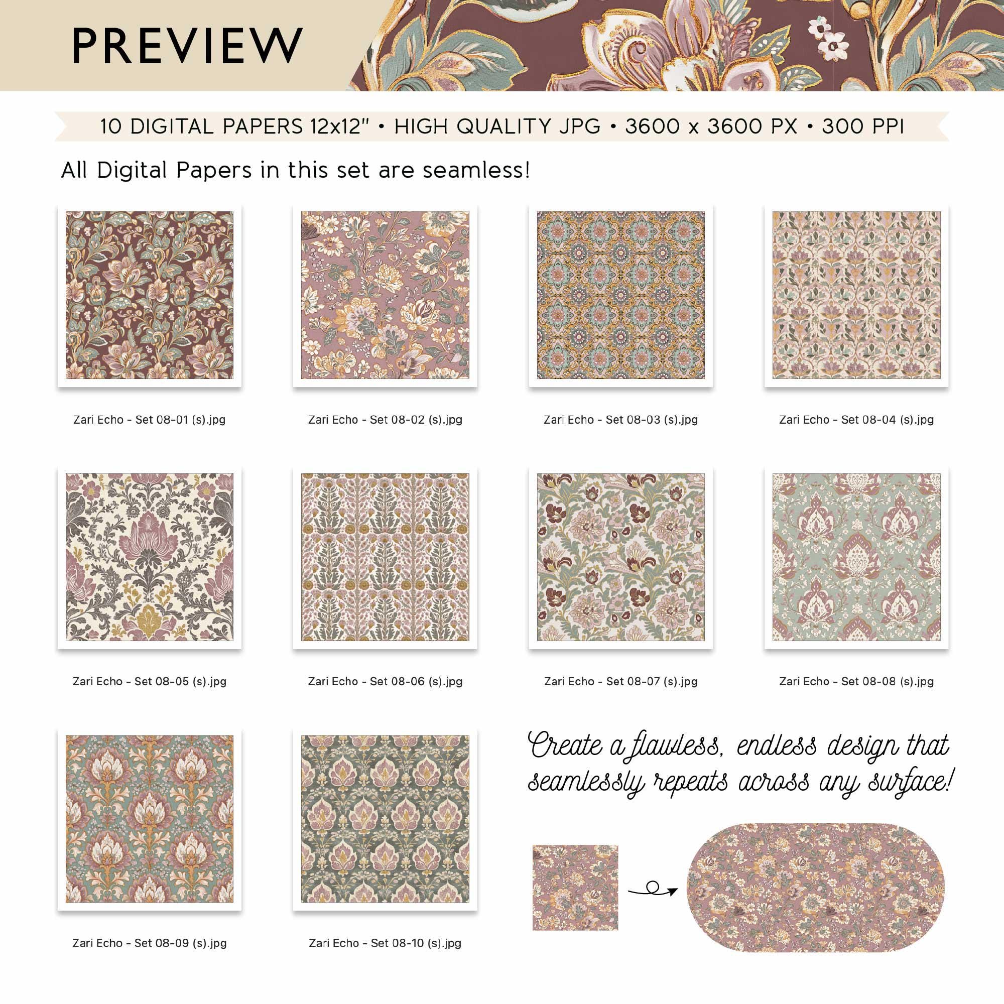Bohemian Floral Digital Papers • Pink & Blue Seamless Boho Chic ...