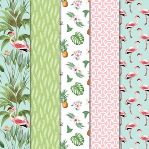 May include: A collection of tropical-themed patterns. Designs include flamingoes, palm leaves, pineapples, and geometric shapes in shades of pink, green, and white. The patterns are suitable for fabric, wallpaper, or digital art.