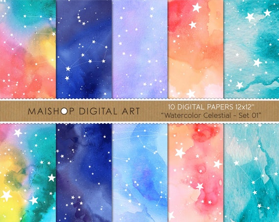 Galaxy Digital Paper, Printable Scrapbook Papers "Watercolor Celestial ...