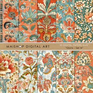 Op de afbeelding: Tien digitale papieren met bloempatronen in oranje, teal en crème. De papieren tonen gedetailleerde ontwerpen en de tekst "MAISHOP DIGITAL ART" en "10 DIGITAL PAPERS 12x12" "Gloris - Set 14".
