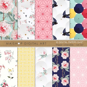 Paquet de papier numérique floral et géométrique • Motifs imprimables à téléchargement immédiat • Ensemble de parapluies en papier numérique 02