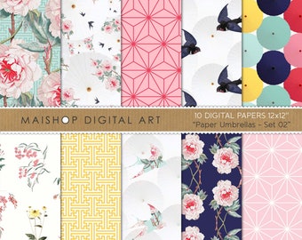 Floral and Geometric Digital Paper Pack • Printable Instant Download Patterns • Digital Paper Umbrellas Set 02