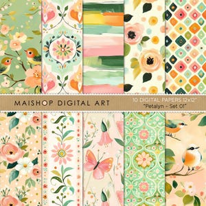 Precioso paquete de papel digital colorido • Papel de álbum de recortes floral sin costuras • Patrón de pájaros lindos • Imágenes imprimibles de alta calidad • Conjunto Petalyn 01