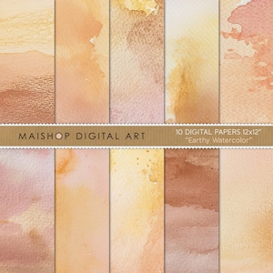 May include: Set of 10 digital papers featuring watercolor textures in shades of brown, yellow, and pink. The papers are 12x12 inches and are titled "Earthy Watercolor".