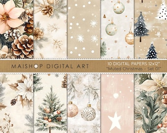 Muted Christmas Digital Papers • Printable Winter Seamless Patterns • Instant Download Backgrounds for Scrapbooking & Crafts