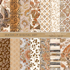 Pacote de papéis digitais em tons terrosos • Padrões indianos sem emendas para álbuns de recortes, diários, tecidos, design e artesanato • Conjunto de 18 saffron