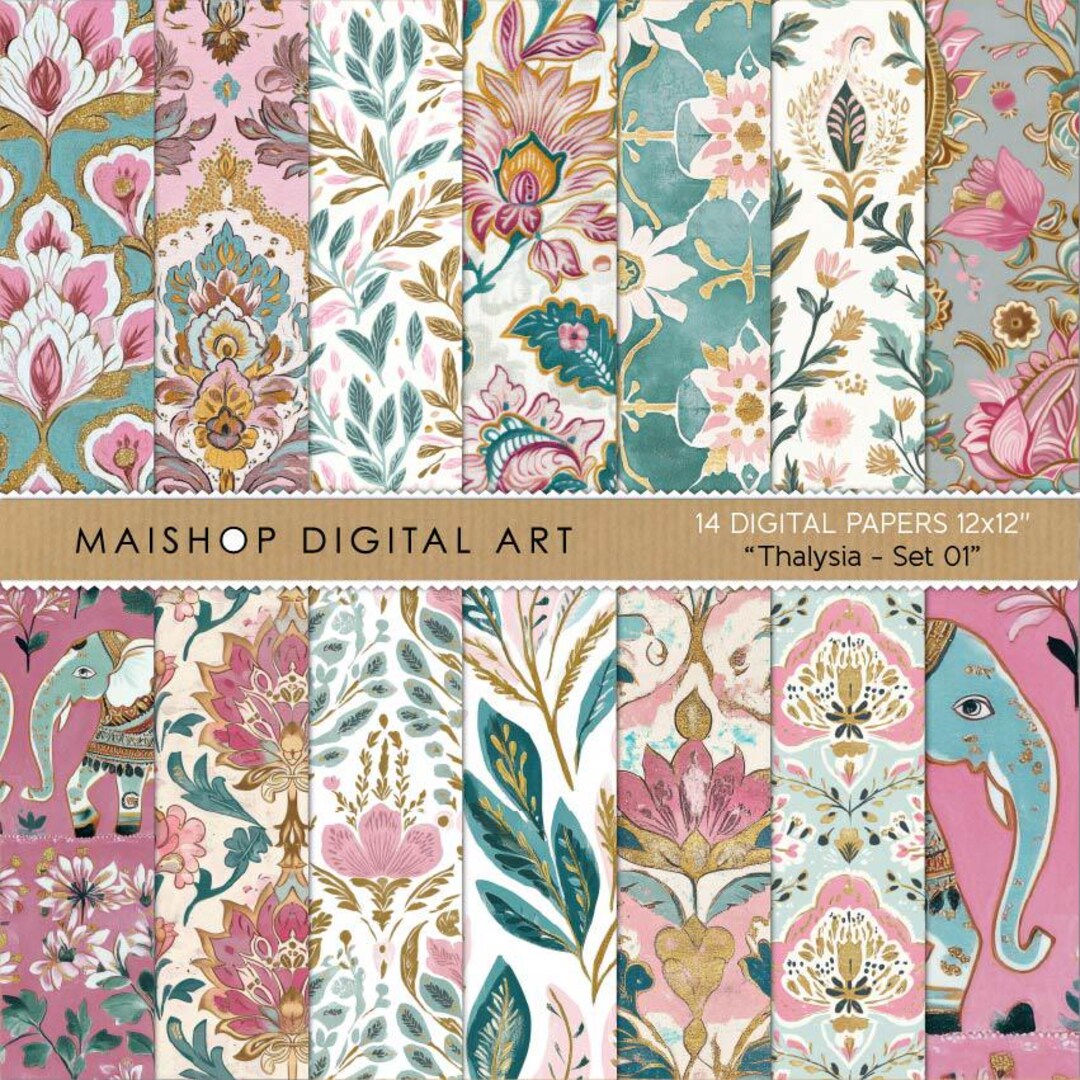 Boho Digital Paper Set, Seamless Floral Patterns Asian Style (digital ...