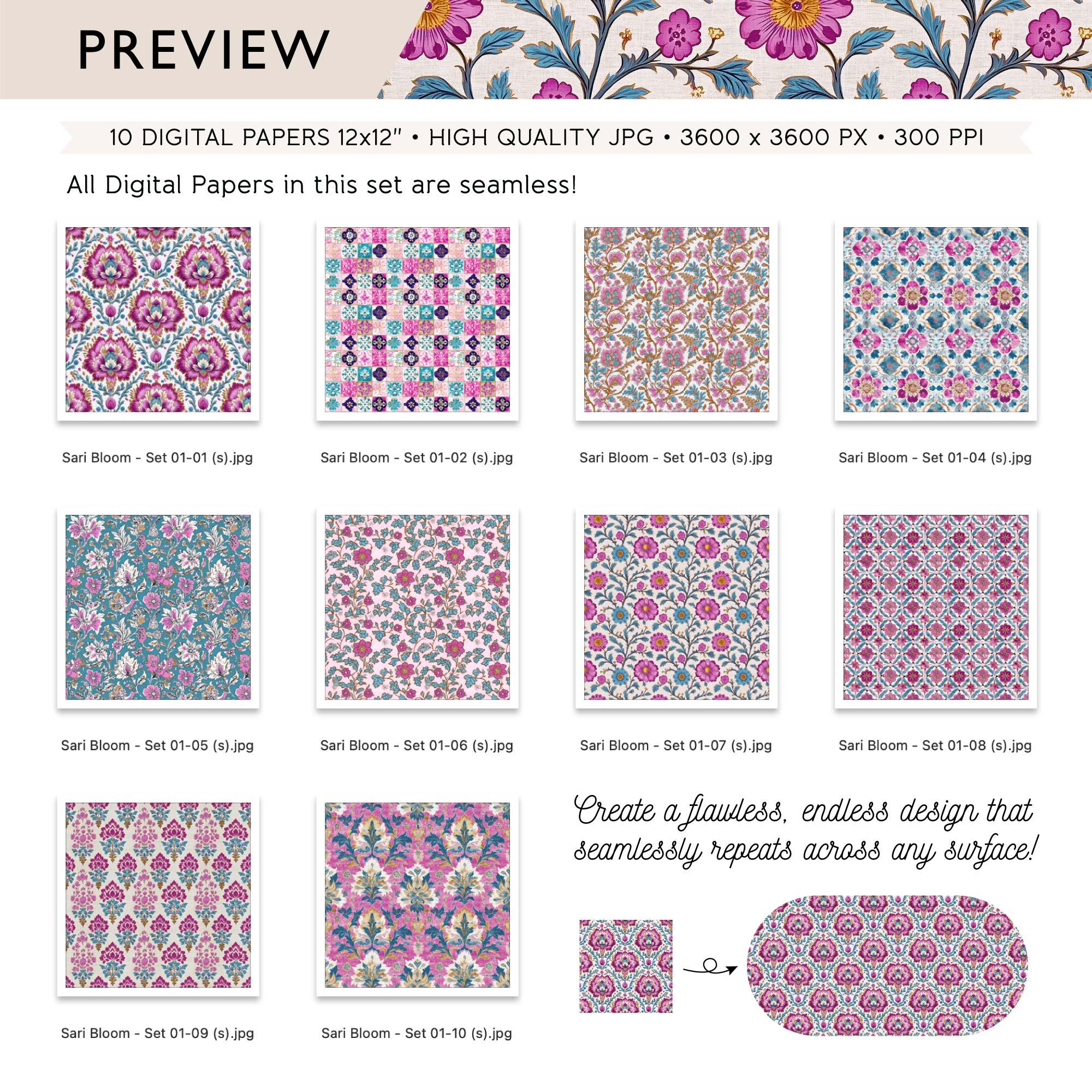 Seamless Floral Digital Paper Pack • Elegant Boho Background Patterns ...