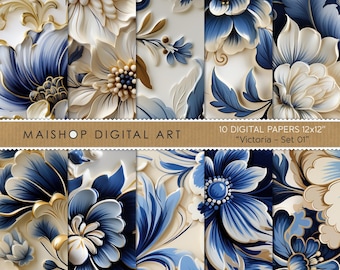 Seamless Floral Digital Paper I Ivory, Blue & Gold Relief Flowers Pattern I Printable Backgrounds I Free Commercial Use I Victoria Set 01