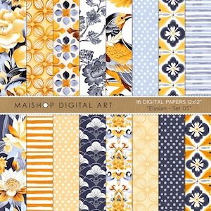 Digital Paper Pack | Scrapbook Paper 12x12 | Blue and Yellow Floral Patterns | Junk Journal Pages | Commercial Use • Elysian Set 05