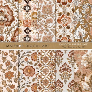 Naadloos digitaal papierpakket • Aardse structuurpatronen met tegels en bloemmotieven • Perfect voor creatieve projecten • Sari Bloom-set 19