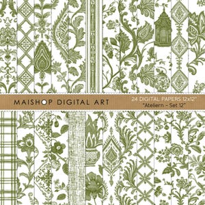 May include: A collection of 24 digital papers, each 12x12 inches, featuring various green and white patterns. The designs include floral, paisley, and geometric motifs. The text "MAISHOP DIGITAL ART" and "24 DIGITAL PAPERS 12x12" "Ateliern - Set 12" are visible.