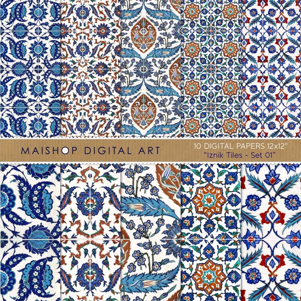 Paquet de papier numérique sans couture « Iznik Tiles - Set 01 », usage commercial, téléchargement numérique pour scrapbooking, invitations, créations en papier, création...