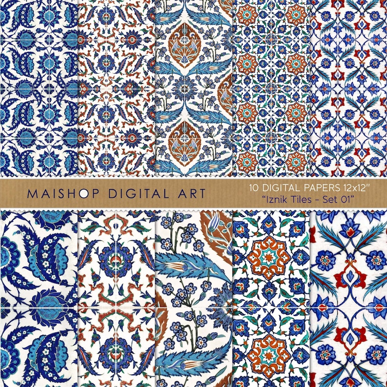 May include: Ten digital papers featuring intricate blue, white and orange Iznik tile patterns. Each paper is 12 inches by 12 inches.