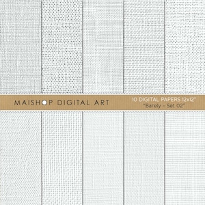 May include: Set of 10 digital papers with a white linen texture. The papers are 12x12 inches and are labeled "Barely - Set 02".