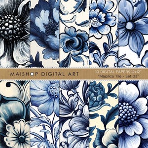 Piastrelle di maiolica blu mediterraneo con motivi digitali senza soluzione di continuità • Carta per album digitale stampabile • Sfondi artistici di piastrelle senza tempo