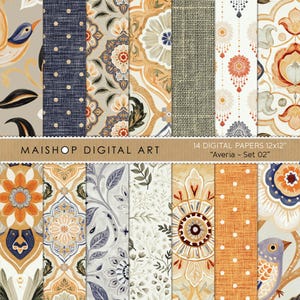 May include: A collection of 14 digital papers labelled MAISHOP DIGITAL ART Averia - Set 02, measuring 12x12 inches. The patterns feature orange, blue, and cream floral motifs, birds, polka dots, and textured backgrounds in various arrangements.