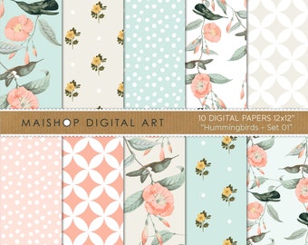 Seamless Patterns, Hummingbird Digital Paper, Flowers and Birds Prints, Instant Download Backgrounds Images • Hummingbirds Set 01