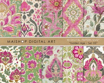 Bold Boho Digital Patterns • Nahtlose Blumen Block Prints • Exotische indische Design Hintergründe • Basteln & Projekte • Goldenes Zeitalter set 05