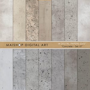 Puede incluir: Un conjunto de arte digital con 14 papeles con textura de hormigón, cada uno de 30,48 cm x 30,48 cm. Los papeles muestran una variedad de tonos grises y beige con sutiles variaciones en textura y patrón. El conjunto se titula "Concrete - Set 01".