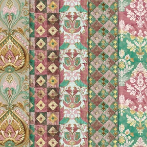 May include: Five different patterned fabric swatches. The swatches are all in shades of pink, green, and gold. The patterns include a floral design, a geometric design, and a paisley design.