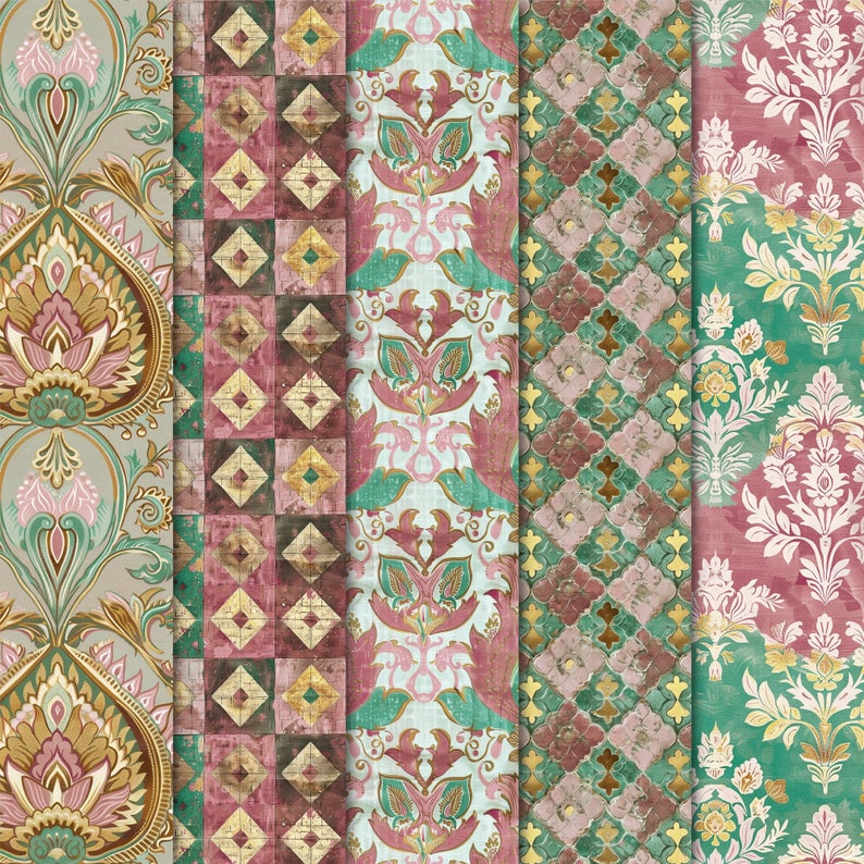 May include: Five different patterned fabric swatches. The swatches are all in shades of pink, green, and gold. The patterns include a floral design, a geometric design, and a paisley design.