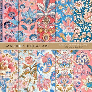 May include: A collection of ten digital papers, each 12x12 inches, featuring floral patterns in shades of pink, blue, and coral. The designs include intricate botanical motifs and ornate details. The text "MAISHOP DIGITAL ART" and "Gloris - Set 23" are visible.