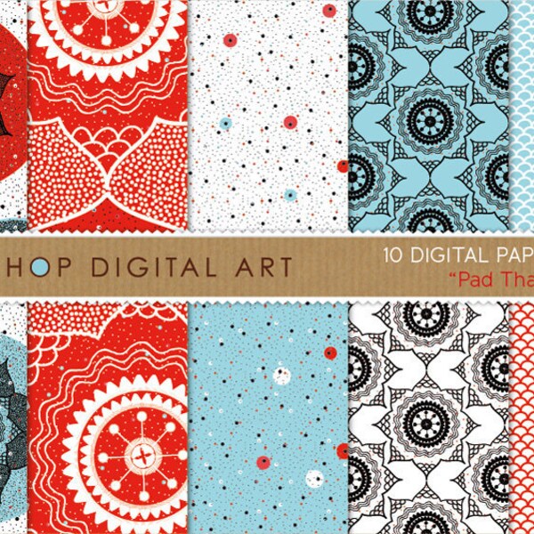 Digital Paper "Pad Thai II" Red, Blue, White and Black Ethnic Flowers, Fish Scales and Polka Dots - Printable Patterned Paper Download