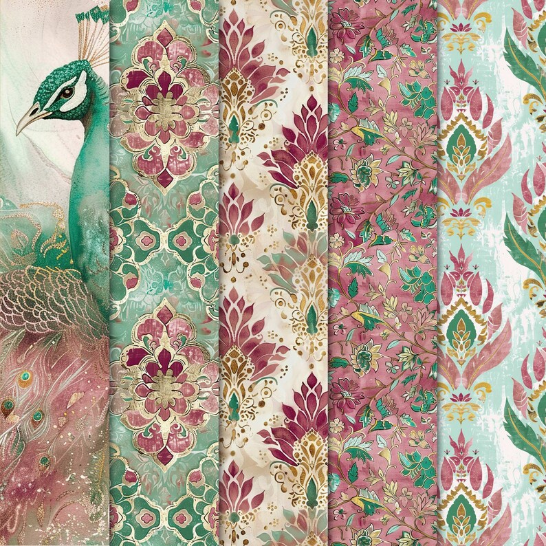 May include: Five different patterned fabric swatches with a peacock feather design. The fabrics are in shades of green, pink, and gold.